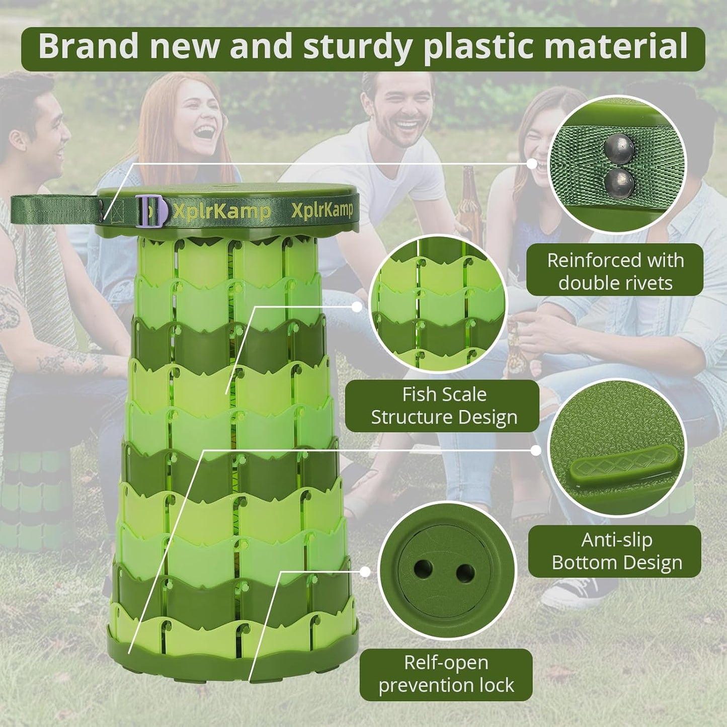 Retractable Folding Stool - Heavy Duty 400 lb Collapsible Portable Stool for Camping, Hiking, Fishing, Indoor/Outdoor with Non-Slip Base and Lightweight Design (Light Green, 1-Pack)