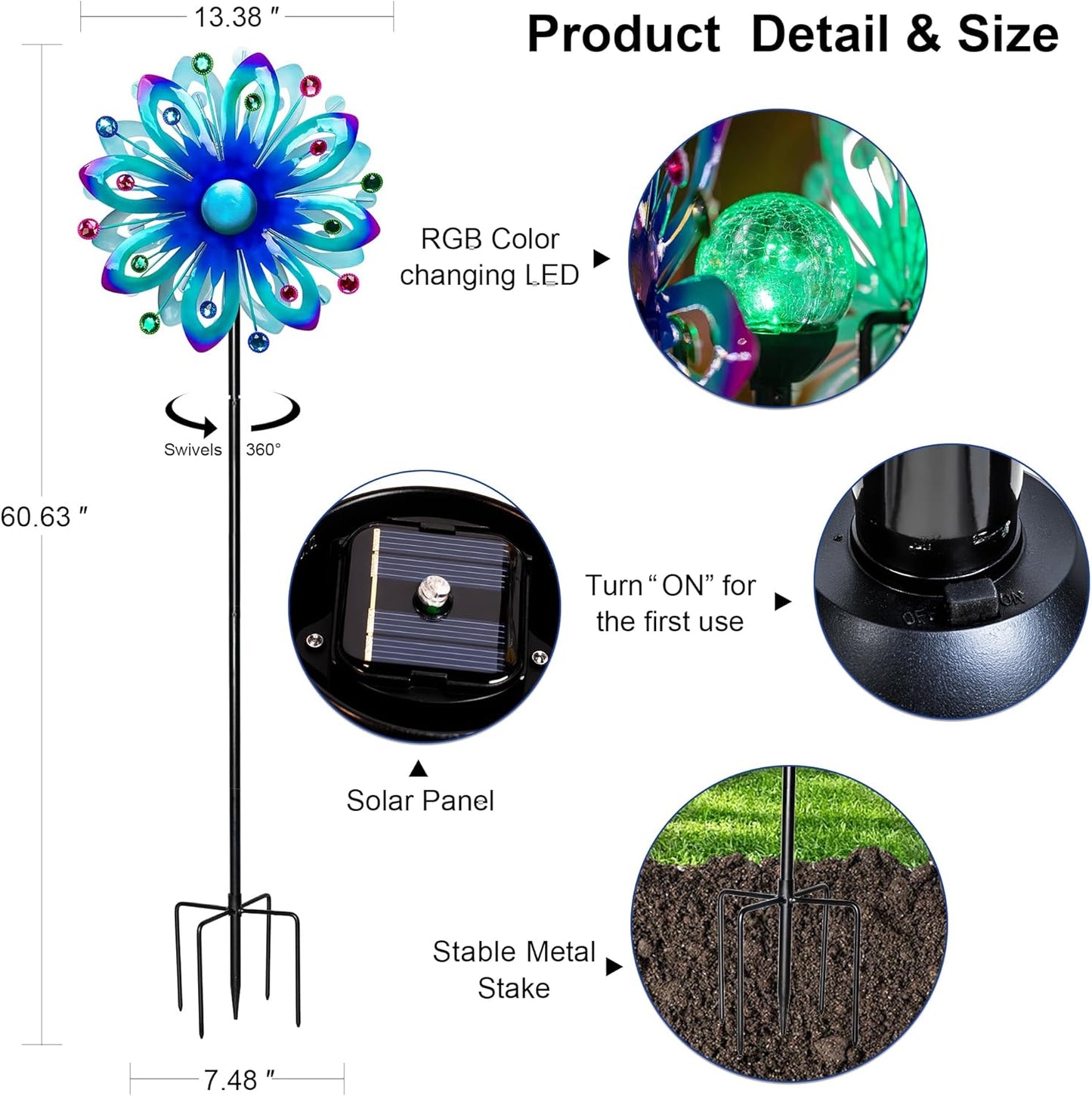 Solar Wind Spinners, 60.63" Outdoor Metal Stake Yard Wind Sculpture,Solar Powered Multi-Color LED Glass Ball with Kinetic Wind Spinners for Yard and Garden Lawn Patio Decor