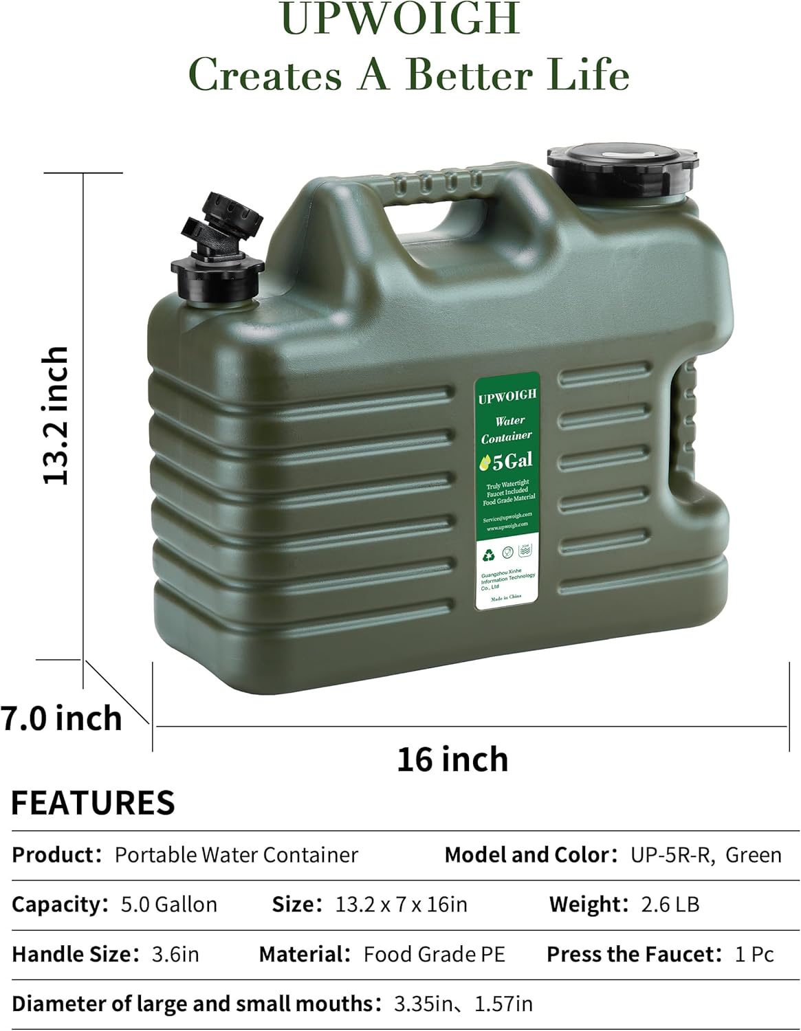 UPWOIGH 5 Gallon Water Jug Set of 2, Camping Water Container, Truly No Leakage Water Storage, Large Military Green Water Tank,BPA Free Portable Emergency Overlanding Gear for Outdoors Hiking