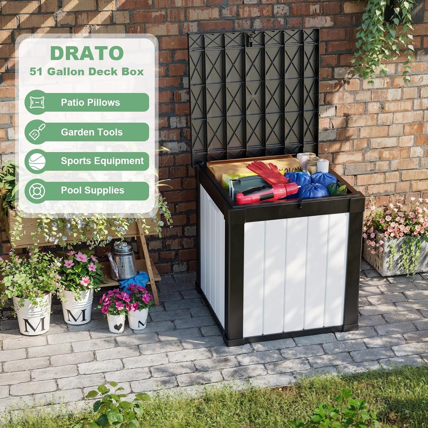 DRATO 50 Gallon Deck Box, Outdoor Storage Box for Patio Cushion, Sports Equipment, Garden Tools, Waterproof Patio Storage box, Lockable (Black and White)