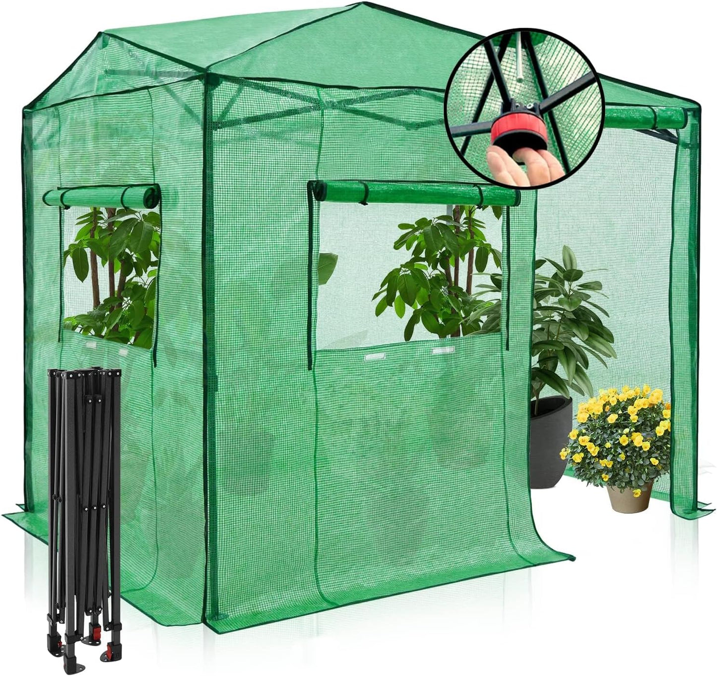 EAGLE PEAK Instant Pop-up Greenhouse, Indoor Outdoor Plant Gardening Green House, Roll-Up Zipper Doors and Side Windows, Walk in 8x6 ft, Green/Clear
