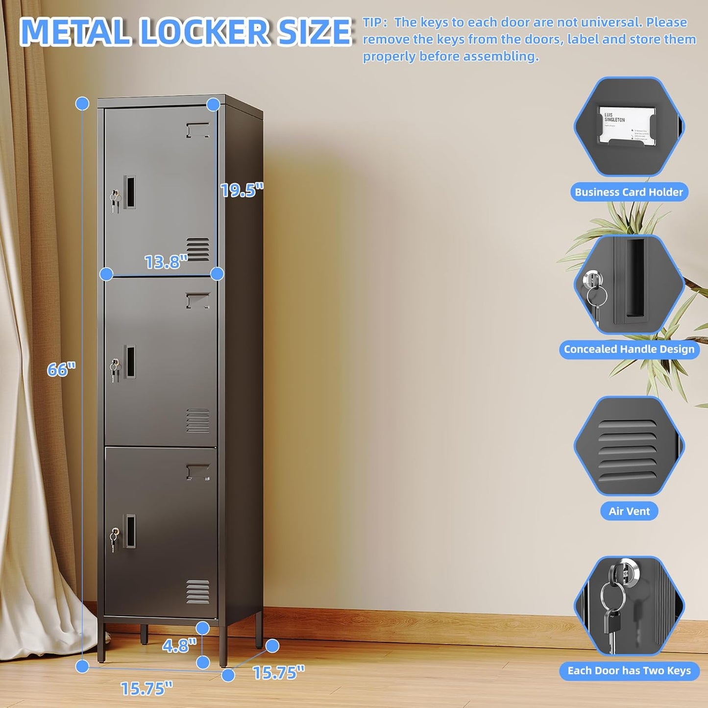 Metal Locker with Hooks and Ventilation Holes,Metal Storage Locker with Keys and Business Card Slot for Home,Gym,Garage,School,Office,66" H×15.75" W× 15.75" D,Assembly Required,Black