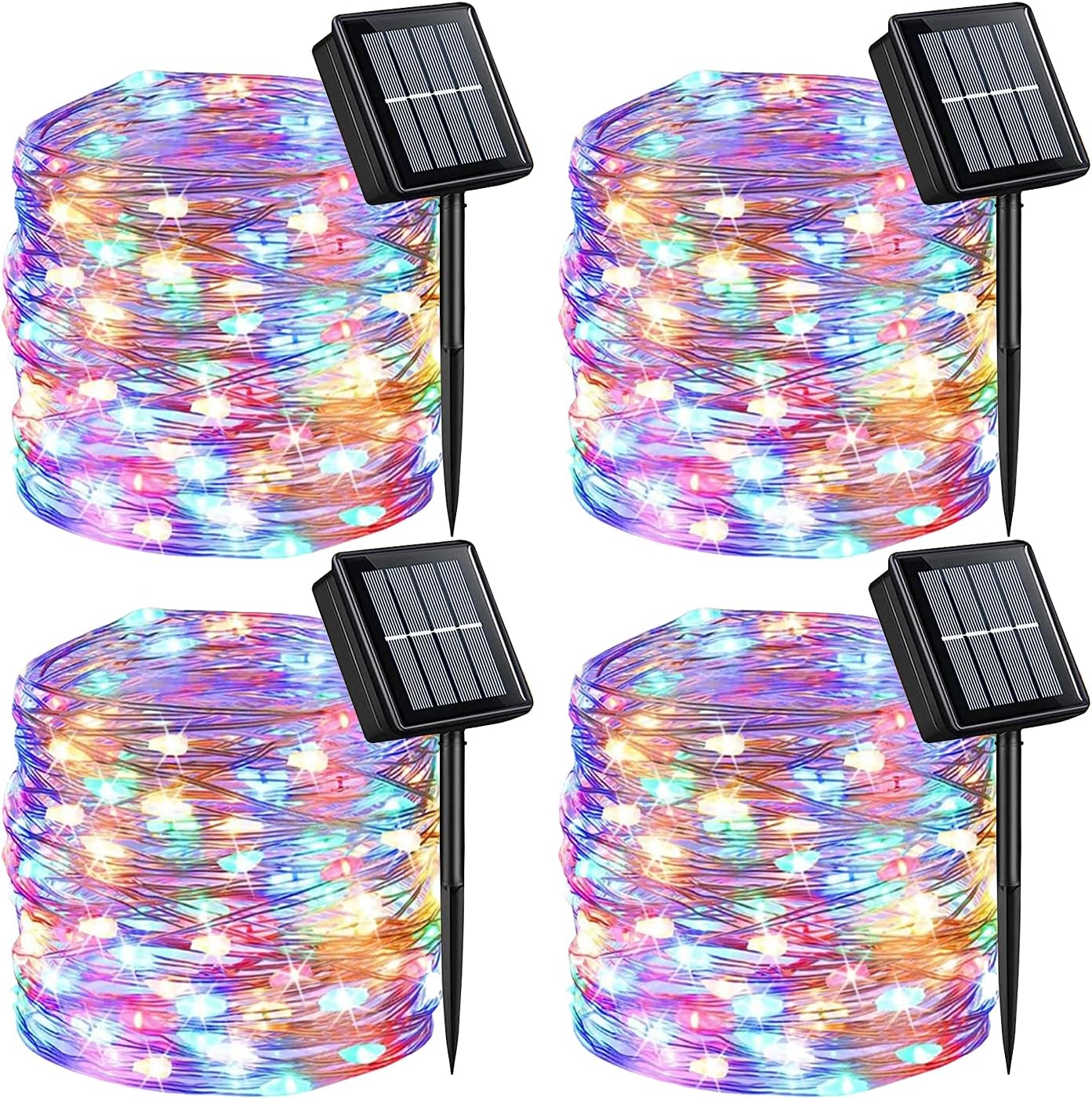 QITONG 4 Pack Multicolor Solar Fairy Lights Outdoor Waterproof, Each 33ft 100 LED Christmas String Lights, 8 Modes Silver Wire Mini Twinkle Lights