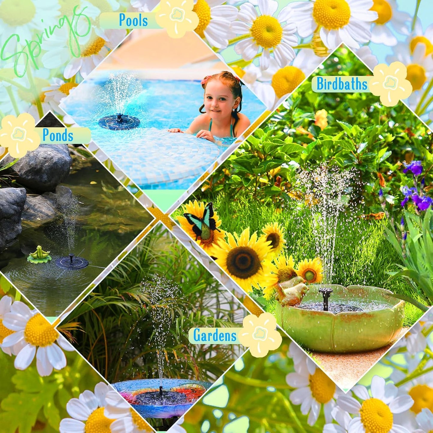 AMZtime Solar Water Fountain, Upgraded Solar Bird Bath Fountains with 6 Nozzles, Free Standing Floating Solar Powered Water Fountain Pump for Bird Bath, Garden, Pond, Pool and Outdoor