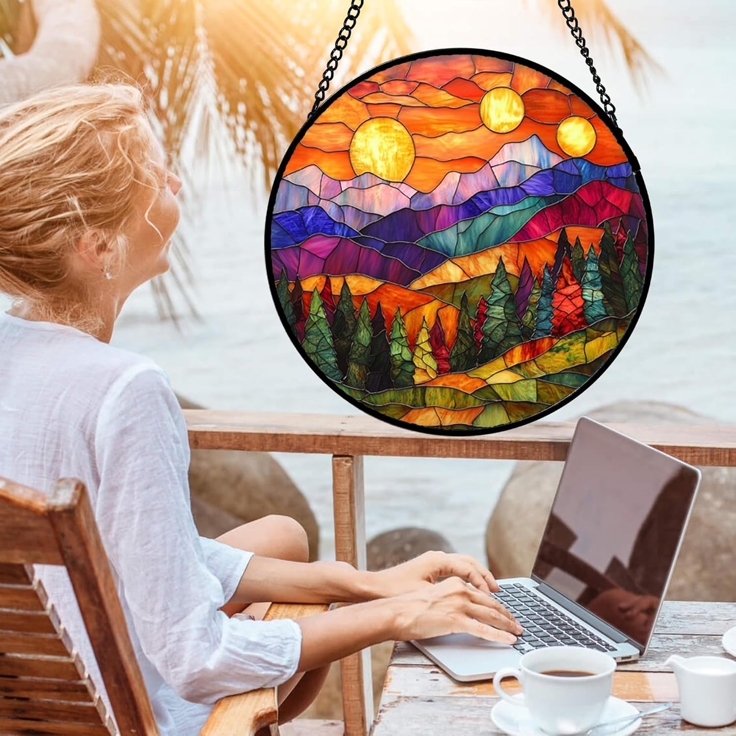 Stained Glass Window Hanging, Sunset Abstract Sun Catchers Colorful Glass Panel Landscape Suncatcher Decor for Birthday for Women, Men, Wife, Aunt, and Mom 14.9x14.9 in