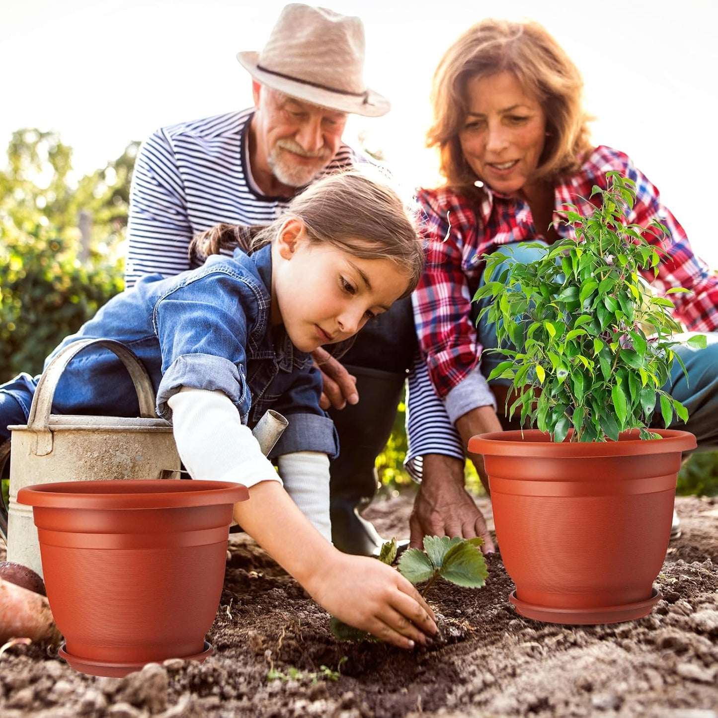 12 Pack 8+'' Plastic Plant Pots Round Planter Pots with Saucer Tray Seedling Pots with Holes Seed Resin Plant Pot Starting Nursery Flower Container with Pallet for Garden Outdoor Indoor