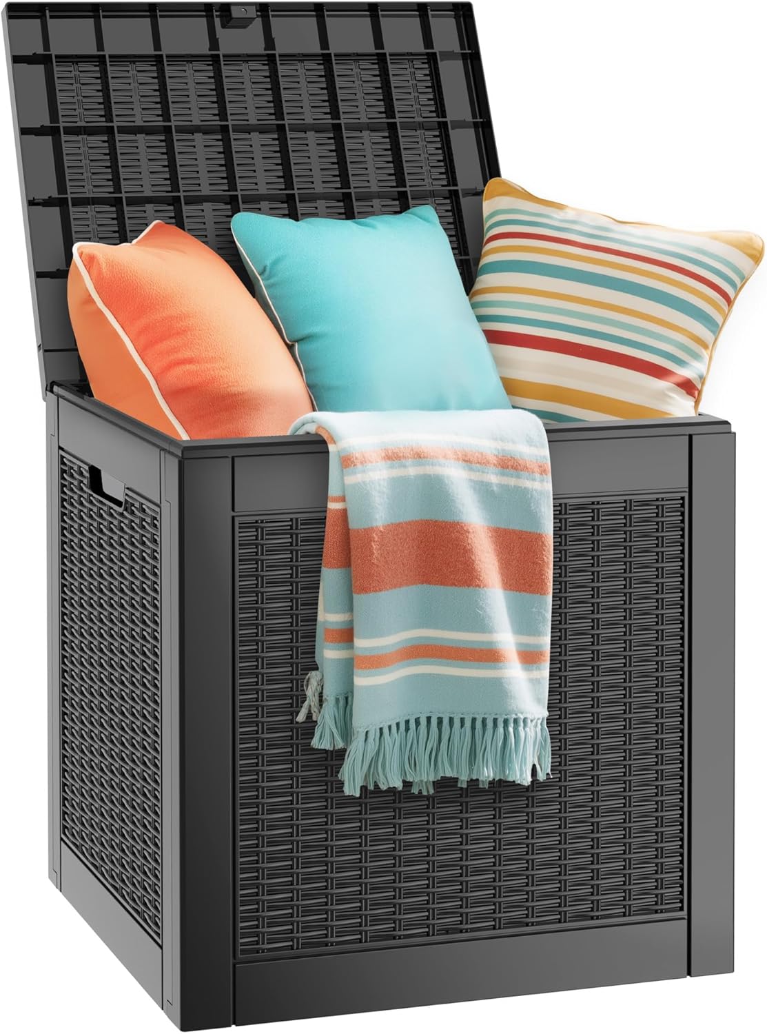 KAMABOKO 30 Gallon Outdoor Storage Box, Resin Deck Boxes Indoor and outdoor, Waterproof Storage Box Lockable Lid for Garden Tools, Package Delivery, Pool Supplies, Patio Cushions, Black