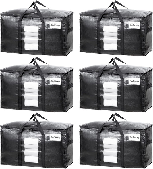 TAILI Extra Large Moving Bags, 6 Pack Black Heavy Duty Totes For Storage with Visible Window, Wrap Around Handles, Storage Bags for Space Saving, Alternative to Moving Boxes