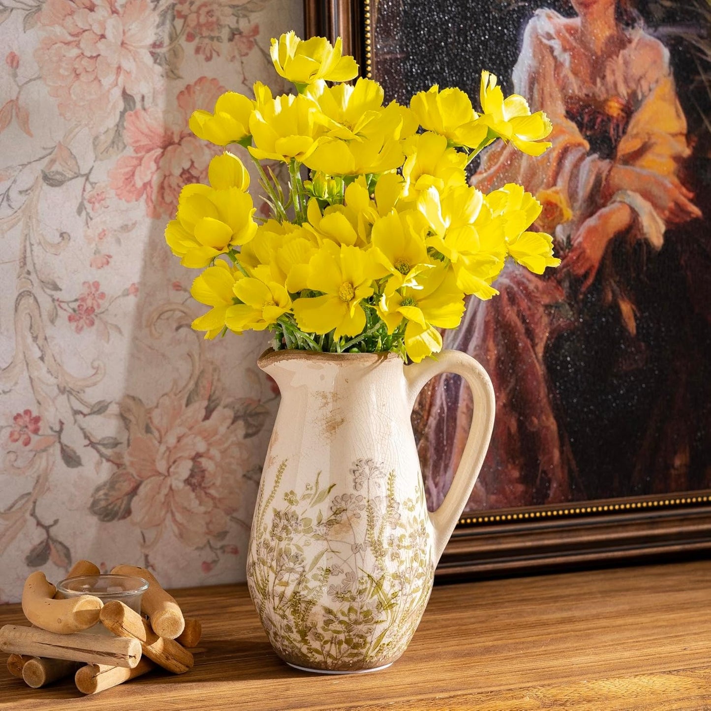 Vintage Green and Beige Ceramic Pitcher Vase with Handle, Farmhouse Floral Decorative Vase, Rustic Table Centerpiece for Home Decor, Living Room, French Country Grand Millennial Decor 8.7 in