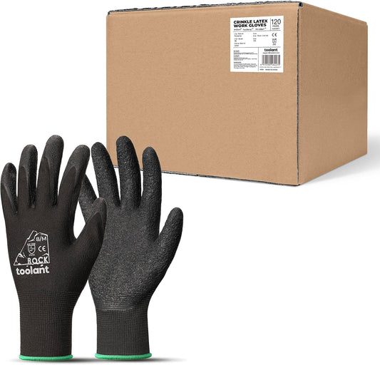 toolant Crinkle Latex Work Gloves Bulk, Rubber Coated Safety Work Gloves for Men and Women, 120 Pairs for Construction, Gardening, Warehouse (Black, Medium)
