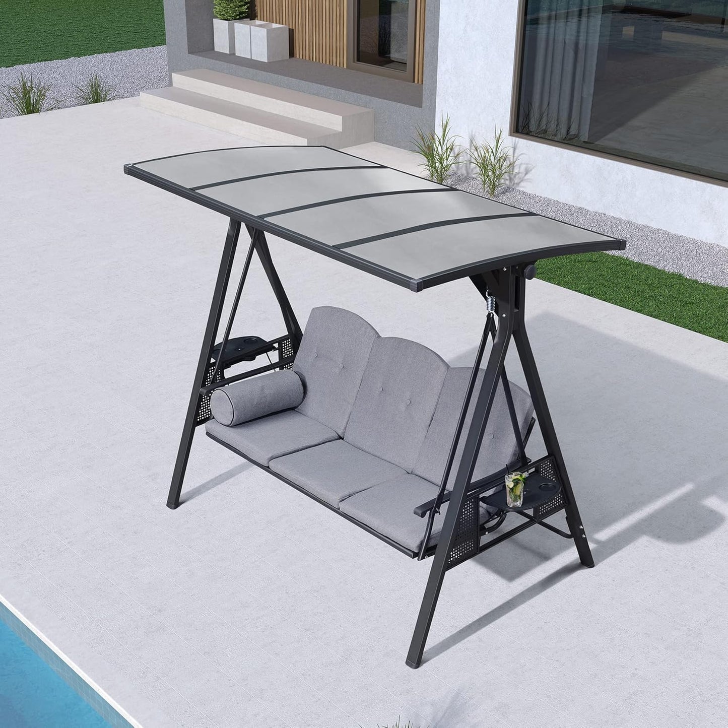 PURPLE LEAF Outdoor Patio Porch Swing with Adjustable PVC Canopy, 3-seat Swing Chair Bench with Side Cup Holder for Backyard Front Porch Lawn, Cushions and Pillow Included, Grey