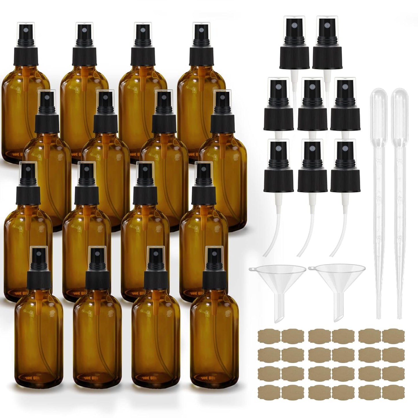 Amber Spray Bottles about 4oz Empty Small Glass Spray Bottle Fine Mist Spray Refillable Containers, Set of 16, Included 24 nozzles, 2 Funnels, 2 Droppers, 24 Labels