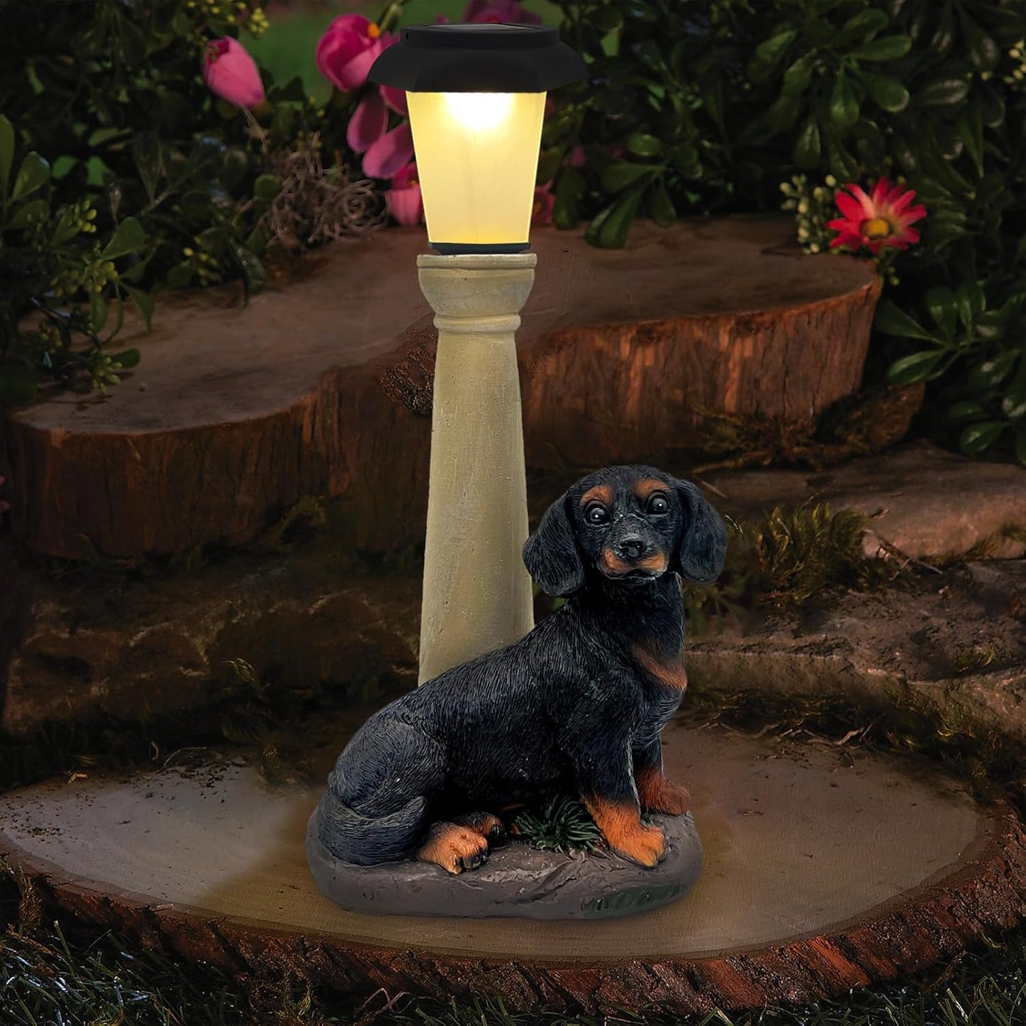 BAYN Solar Dog Garden Statues with Lantern, Resin Dachshund Sculpture with Warm White Light for Outside Lawn Porch Patio