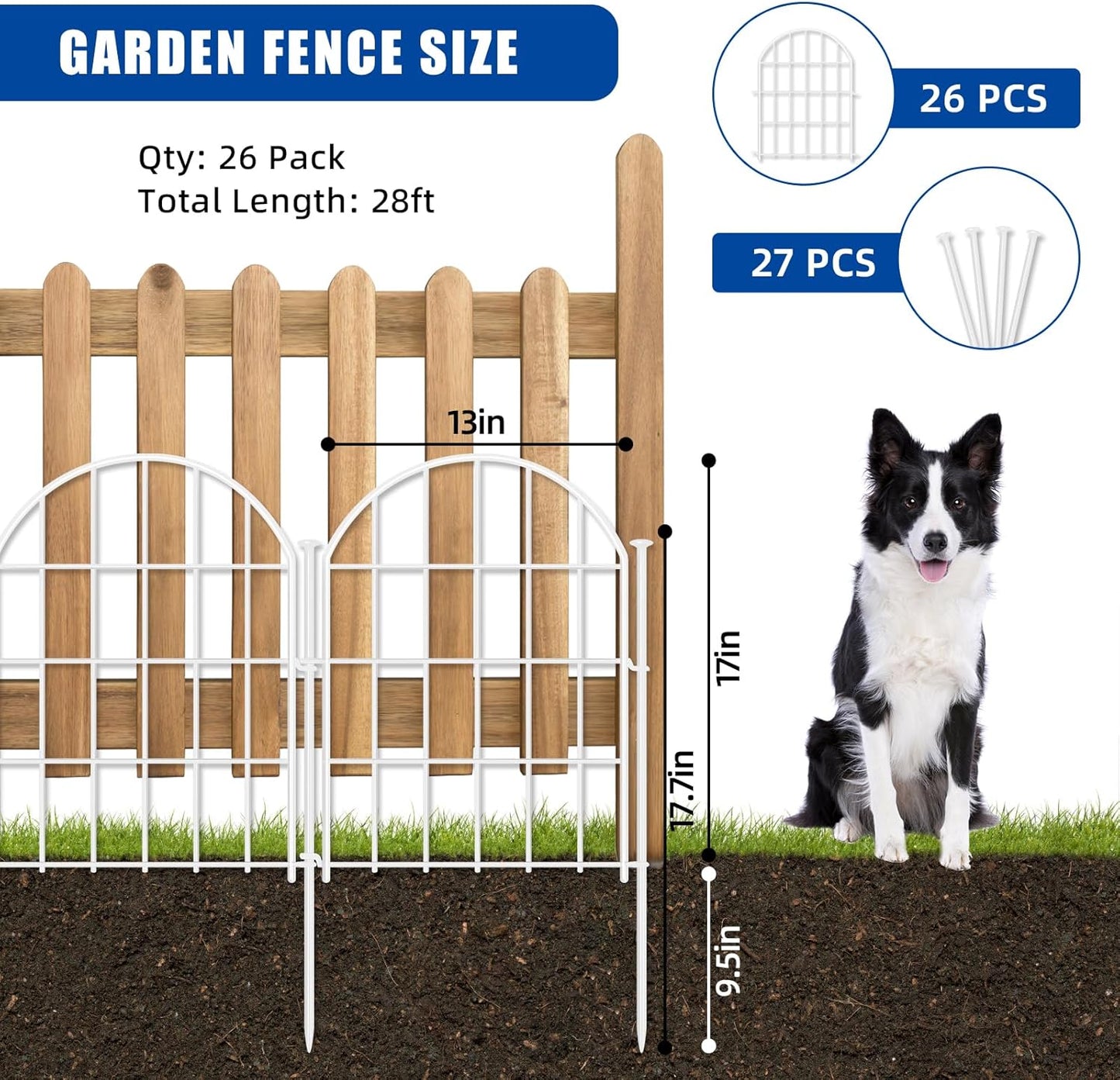 26 Pack Decorative Garden Fence, 17in X 28ft Arched No Dig Fence Border, Garden Edging Border, Rustproof Metal Animal Barrier with Ground Stake for Dog, Rabbit, Outdoor Yard Patio Decor, White