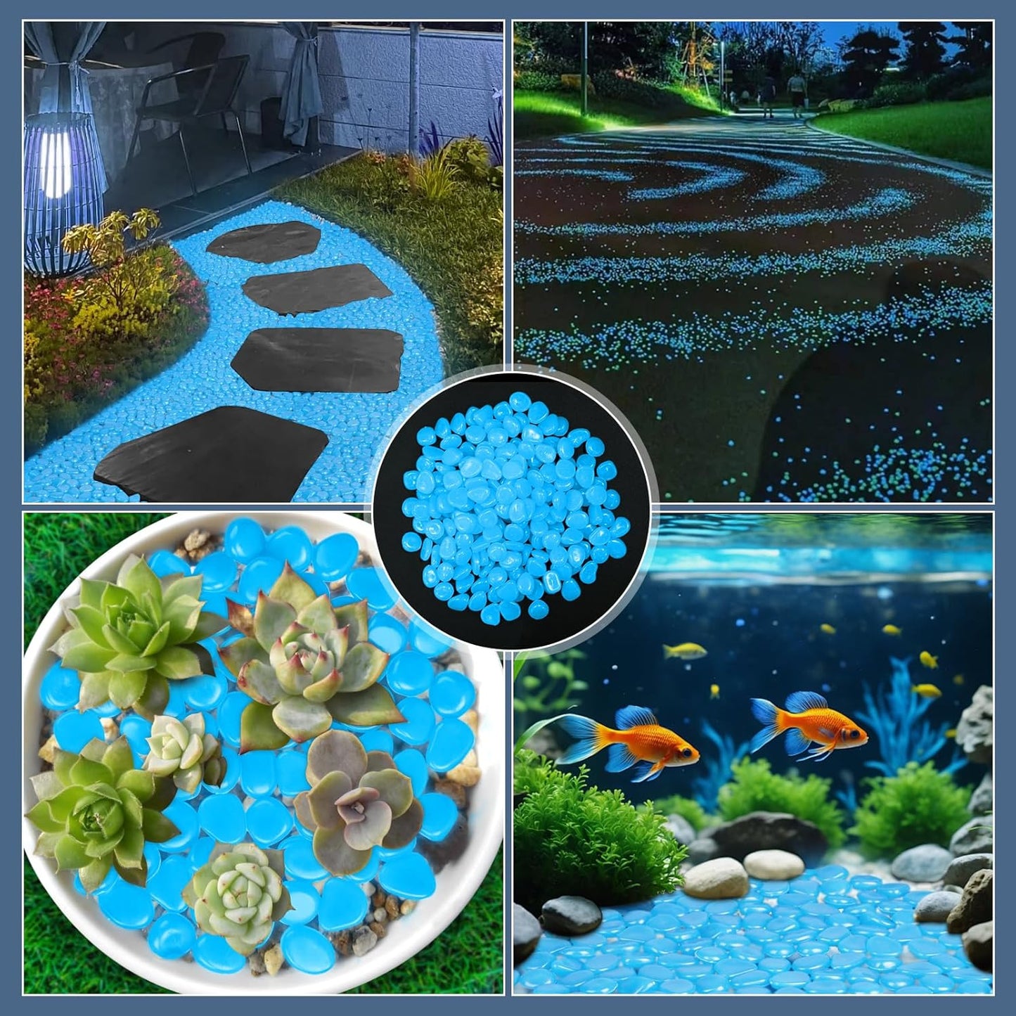 Oubest Glow in The Dark Rocks for Outdoor Landscaping Garden Stones, 0.8 Inch Blue Glow Pebbles Luminous Stones Decorative Rocks for Vases Pathway Walkway Yard Patio Fountain Driveway, 150PCS, Blue