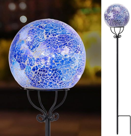 VCUTEKA Solar Outdoor Lights Garden Decor Mosaic Solar Garden Lights Waterproof Glass Ball LED Pathway Stake Light for Landscape Lawn Patio Yard Decoration 6 inch, Blue