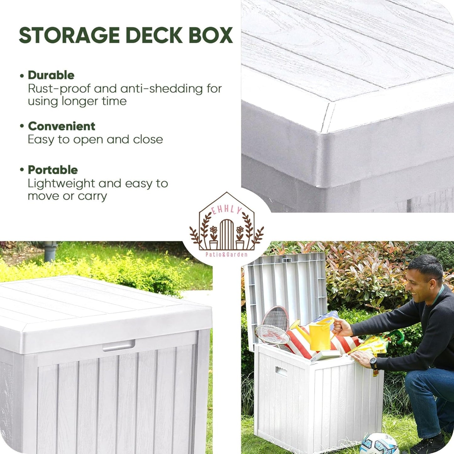 Deck Box, 51 Gallon Front Porch Package Bin Delivery Box for Outside, Small Patio Outdoor Storage Boxes Waterproof, UV Resistant Plastic Resin Pool Storage Bins with lids, White