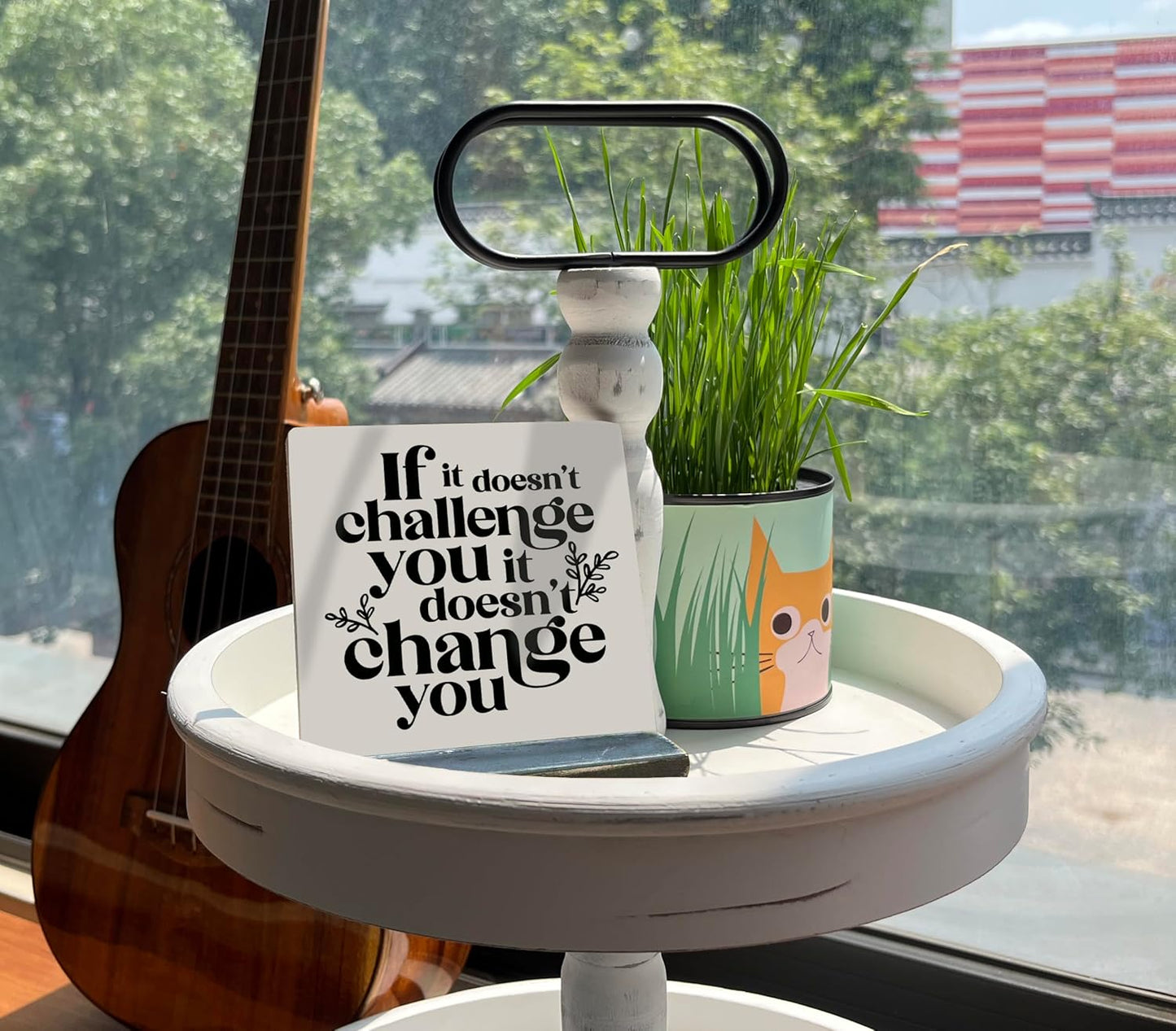 Inspirational Wooden Sign, If It Doesn't Challenge You It Won't Change You, Desk Plaque with Wooden Stand 4 x 4.3 inches, Classroom Decor, Decor for Home Gym, Gift for Young Teens Graduates A