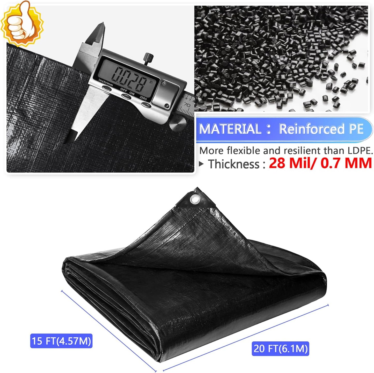 Reinforced PE Pond Liner 15 x 20 FT, 28 Mil Sun Resistant Preformed Pond Liner, Hemmed Edge with Buttonholes Liner for Outdoor Large Ponds, Fish/KOI/Duck Pond, Garden Waterfall, Waterscape, Black