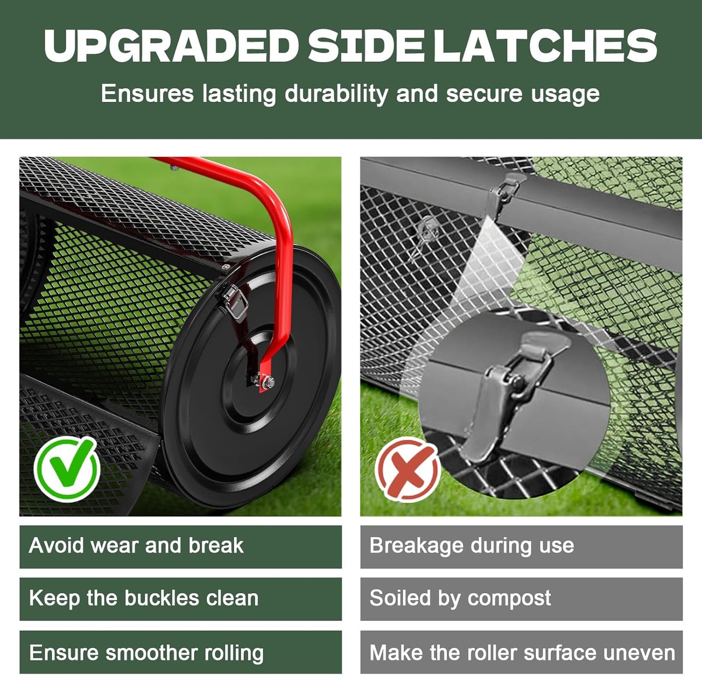 Compost Peat Moss Spreader for Lawn, 24 Inch Compost Roller Spreader with Adjustable T-Shaped Handle, Upgraded Side Clasps, Durable Lightweight Metal Roller, Lawn Garden Yard Care (Black)