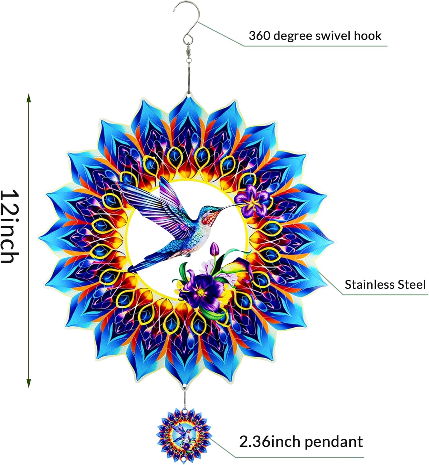 Hummingbird Wind Spinner,Hanging Wind Spinners Outdoor for Garden Decoration，12 inch 3D Stainless Steel Wind Sculpture for Indoor/Outdoor Decor