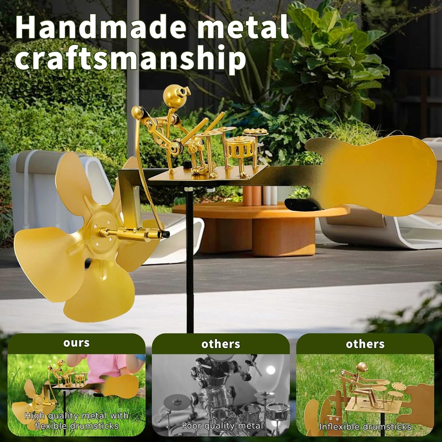 Handmade Metal Drummer Windmill, Rock Art Sculptures, Wind-Powered Kinetic Figurines, Wind Spinners for Garden Yard Lawn Patio Decor, Unique Drummer Statue Gift for Music Lovers