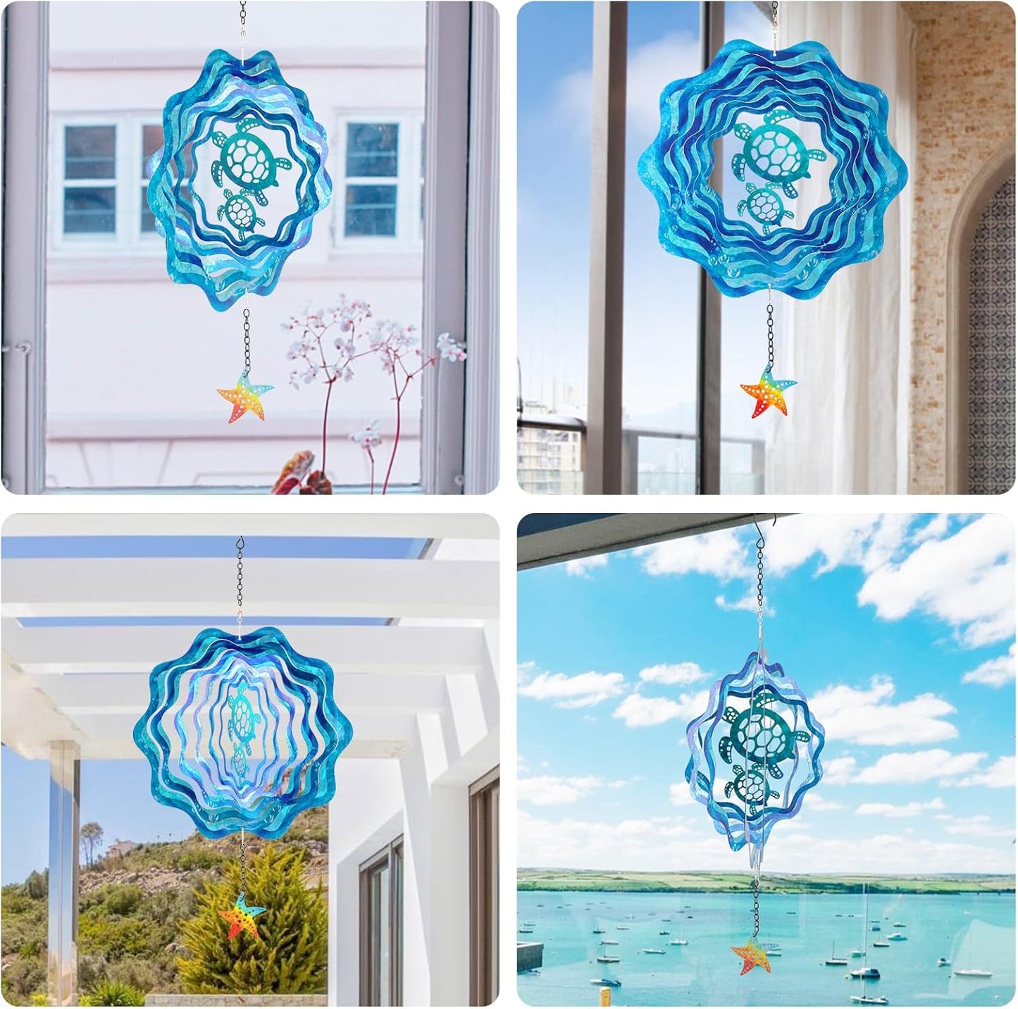 Sea Turtle Hanging Wind Spinners - 12 Inch 3D Kinetic Outdoor Large Metal Wind Spinner Blue Wave and Turtle Pattern with Starfish Pendant for Yard and Garden Decoration Laser Cut Sculpture Art