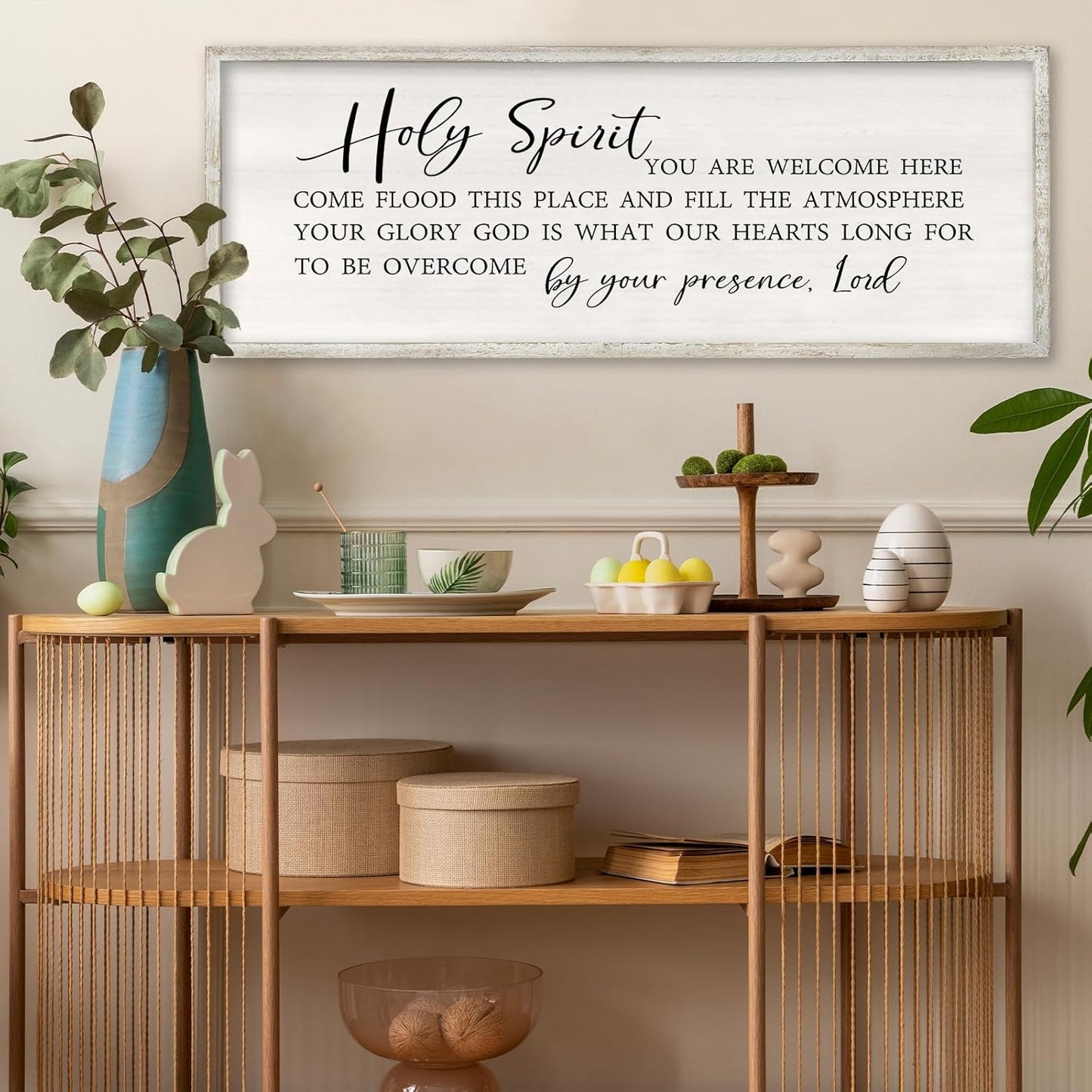RLWangChao Christian Inspirational Wall Decor Holy Spirit You are Welcome Here Sign 32×12 Inch Bible Verse Plaque Religious Scripture Quote for Living Room Large Wood Framed Wall Hanging (White)