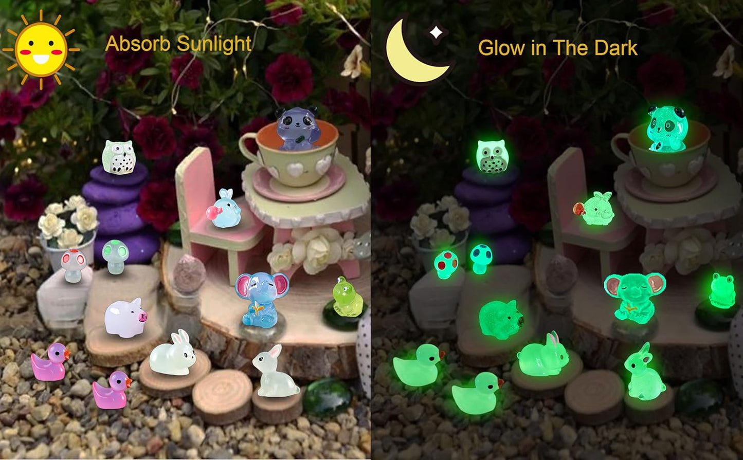 100 Pcs Luminous Mini Resin Animals Tiny Resin Animals Bulk, Glow in The Dark to Hide Around The Office Home, for Garden Miniatures Fairy Garden Accessories Crafts Micro Landscape Decor