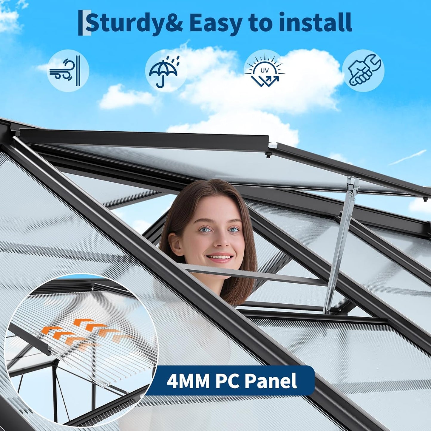 8x12 FT Polycarbonate Greenhouse,Large Walk-in SturdyOutdoor Aluminum Frame Greenhouse with Roof Vent, Lockable Push Door,for Garden, Backyard, Patio & Lawn(Black)