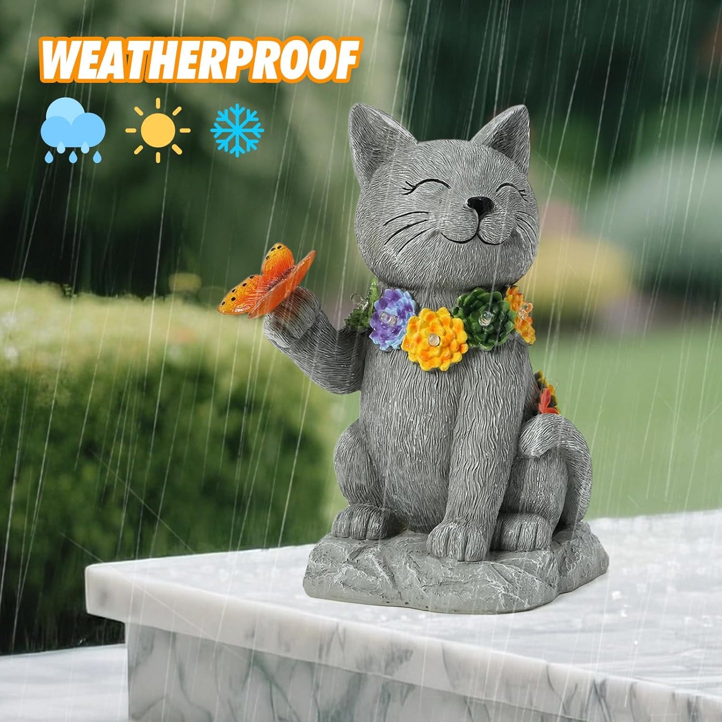 Outdoor Solar Cat Garden Statue - with LED Flower and Butterfly Statue Light, Suitable for Lawn Decor, Porch, Yard Decorations Outdoor, Birthday Gift for Women