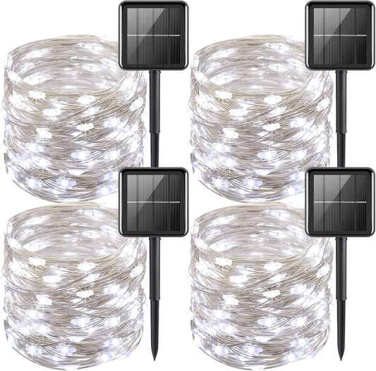 YEGUO White Solar Fairy Lights Outdoor Waterproof, 4 Pack Each 33ft 100 LED String Light, 8 Modes Silver Wire Twinkle Lights