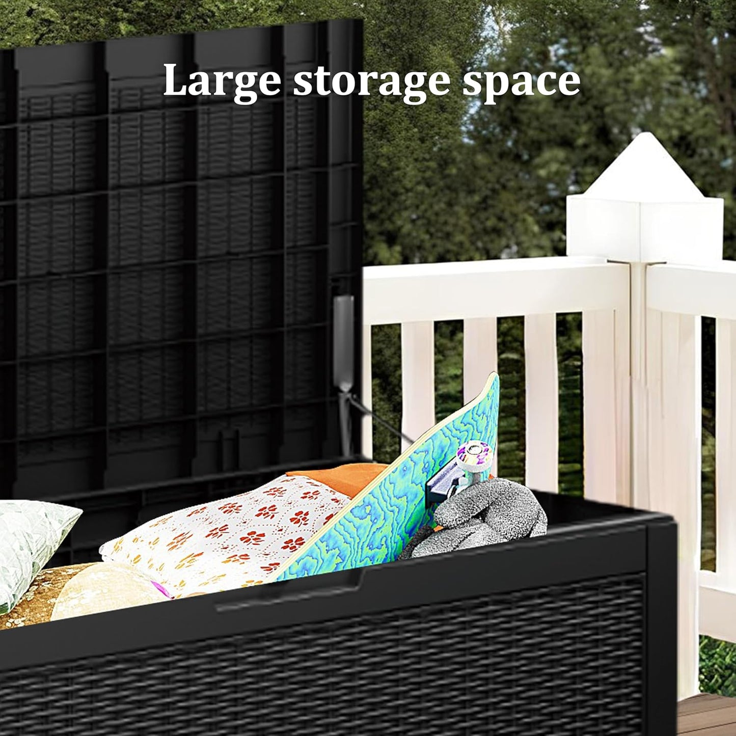 100GAL Black Wicker - Textured Outdoor Deck Box with Lockable – Waterproof, SGS - Verified UV Resistance, Stylish Storage for Patio Furniture & Outdoor Toys, Quick Assembly