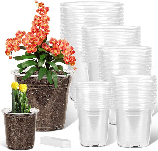 60 Pack 3.5/4/5/6/7 Inch Clear Nursery Pots with Drainage Hole,Variety Sizes Seed Starting Pots Transparent Plastic Plant Pots for Plants Transparency with 50 Plant Labels