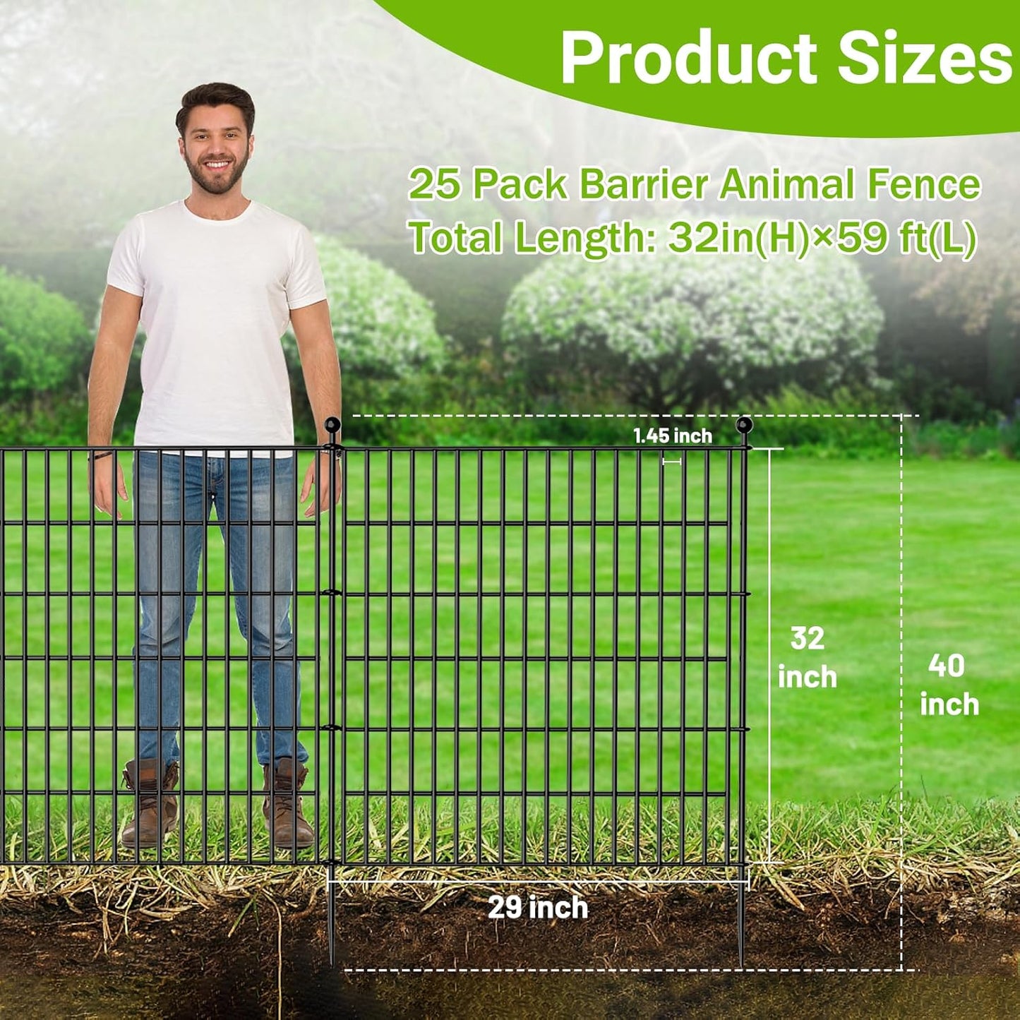 25 Panels No Dig Decorative Outdoor Garden Fence for Yard with Gate, 32 in(H) X 59 ft(L) Animal Barrier Fencing Rustproof Metal Wire Panel Border for Dog, Rabbits, and Patio Temporary Ground Stakes