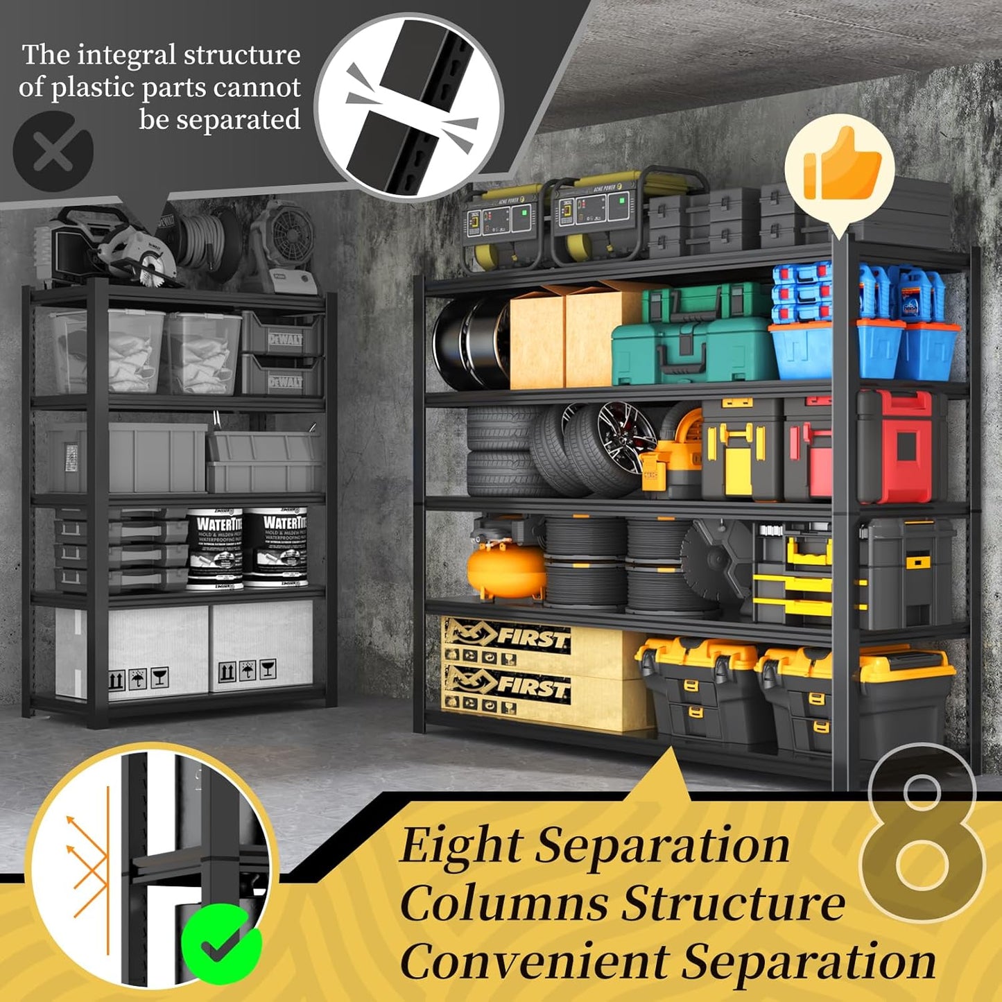 47.8" W Heavy Duty Garage Shelving 3000LBS Storage Shelves, Adjustable 5-Tier Storage Rack, Metal Shelves for Garage/Warehouse/Basement, 47.8" W x 19.8" D x 72" H, 2 Pack