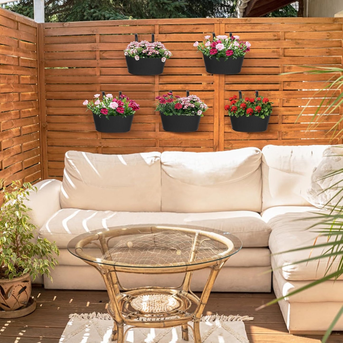 Mkono Metal Railing Planter Box 5 Pack Balcony Hanging Planter for Outdoor Plants with Detachable Hooks and Drain Holes Fence Planters for Any Balcony, Porch or Deck (5, Small)