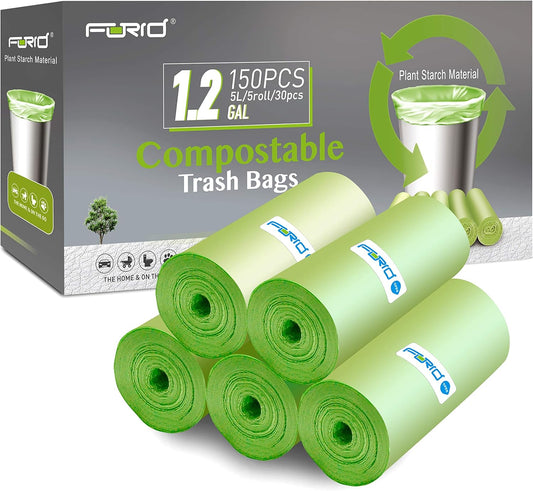 Compostable Trash Bags - FORID 1.2 Gallon Small Garbage Bags 150 Count Mini Strong Trash Can Liners 5 Liter Unscented Wastebasket Bags for Kitchen Bathroom Office Home Garbage Can (5 Rolls/Green)