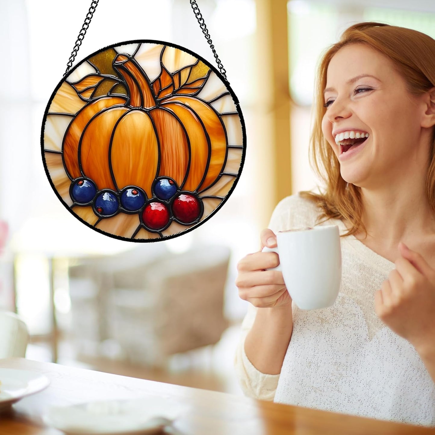 Stained Glass Window Hanging Fall Pumpkin Berries 9.8" - Suncatcher Door Garden Kitchen Sunroom Sun Catcher Autumn Home Decor Birthday for Mom Grandma Men Woman