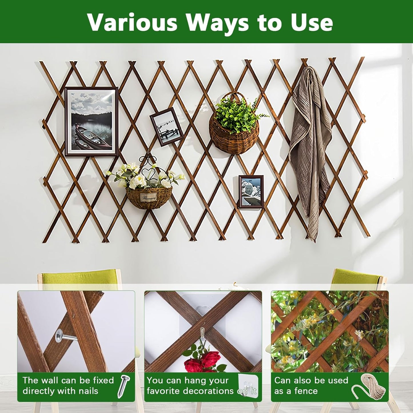 Expandable Garden Trellis, 37" x 90" Trellis for Climbing Plants Outdoor, Wooden Lattice Fence Wall Panel Lattice Panels for Outside, for Climbing Plants Vine Ivy Rose Cucumbers