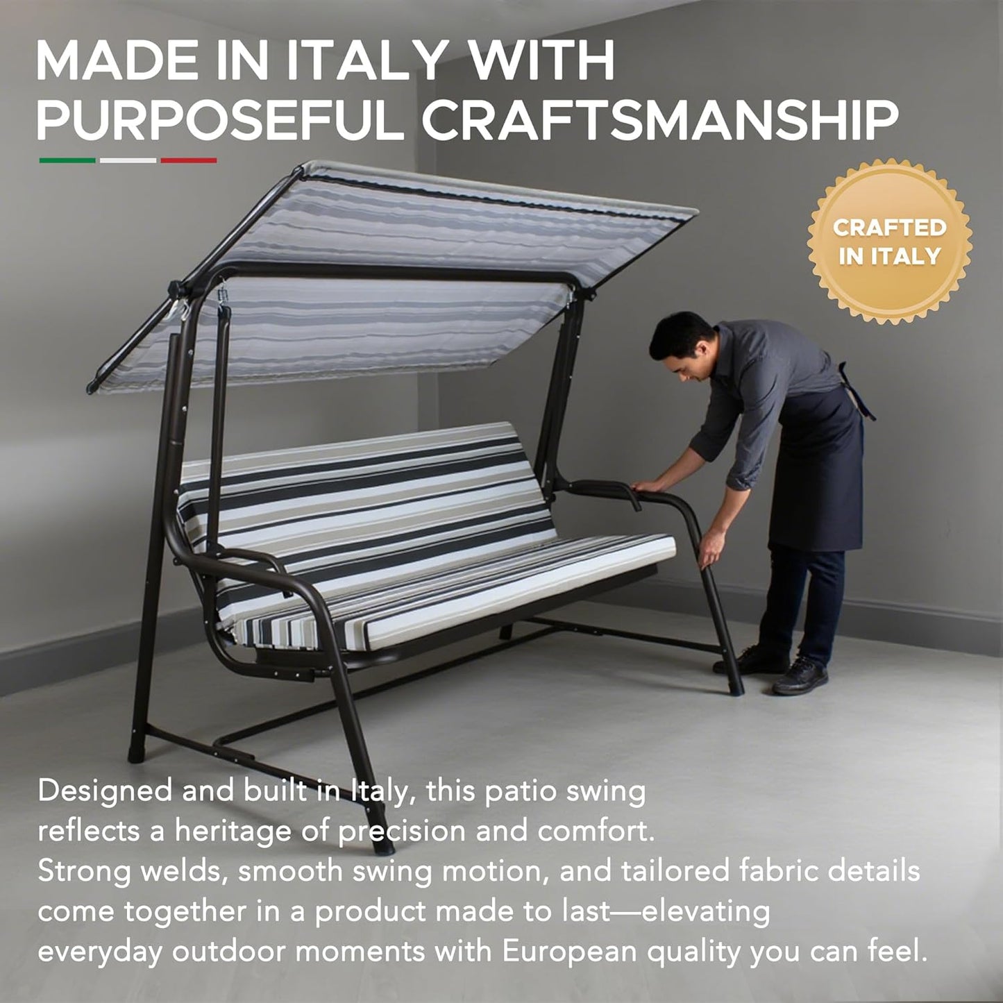 SUNJOY 3-4 Seat Luxury Outdoor Porch Swing, Steel Patio Swing with Elastic Metal Mesh Seat, Convertible Design, Cushion and Adjustable Canopy for Garden, Poolside, Backyard, Bronze - Made in Italy