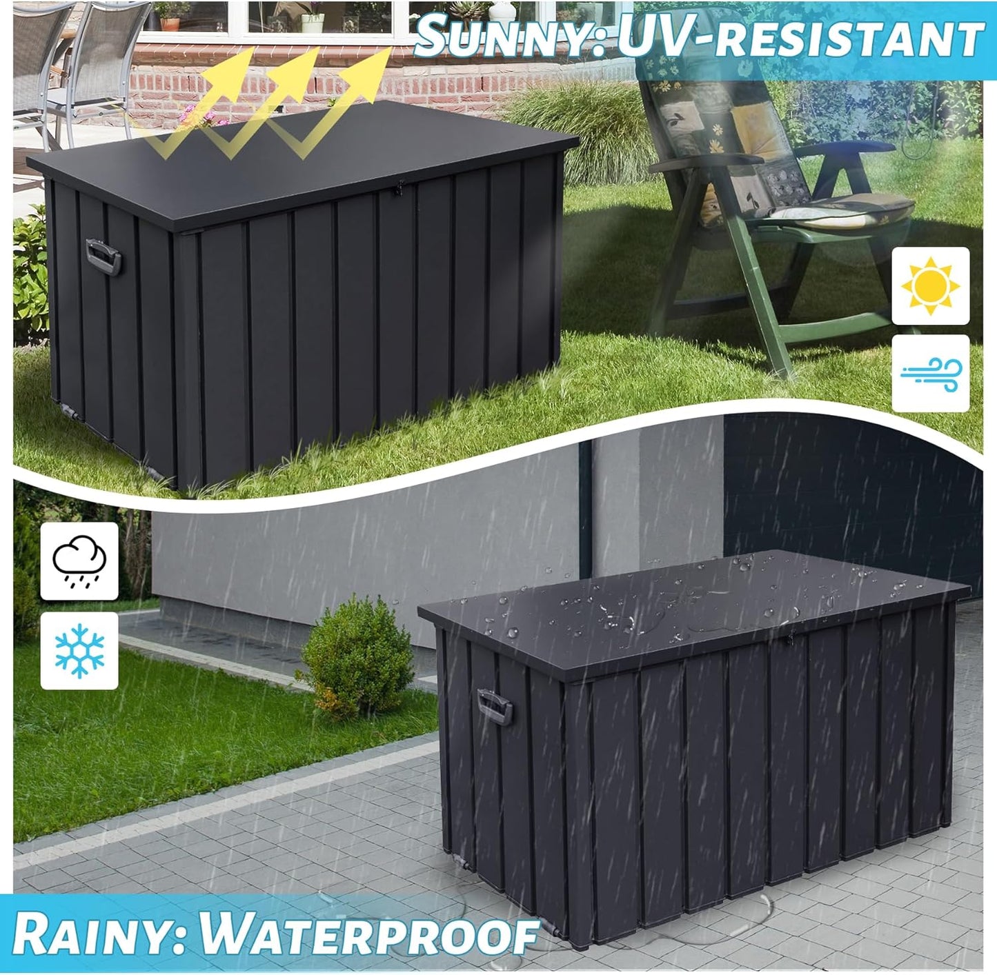 160 Gallon Outdoor Storage Deck Box Made of Galvanized Steel, Waterproof All Weather Outside Storage Bench UV-Resistant on Wheel, Lockable Package Delivery Box for Porch, Cushion, Tools, Grey