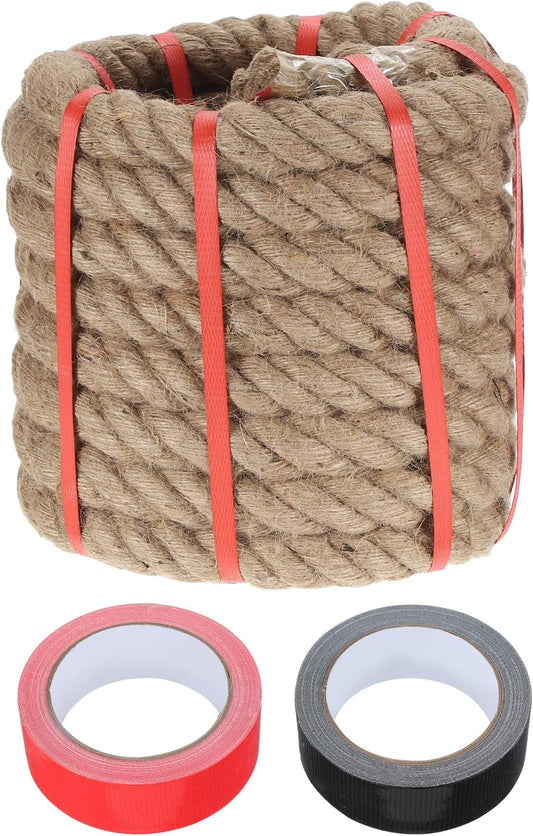 MECCANIXITY Jute Rope 1.3 Inch x 30ft, Thick Twine Rope Ropes Braided Jute Twine Natural Brown Burlap Cord String Heavy Twisted with Tapes for Decorative Crafts Railing Swing Tug of War