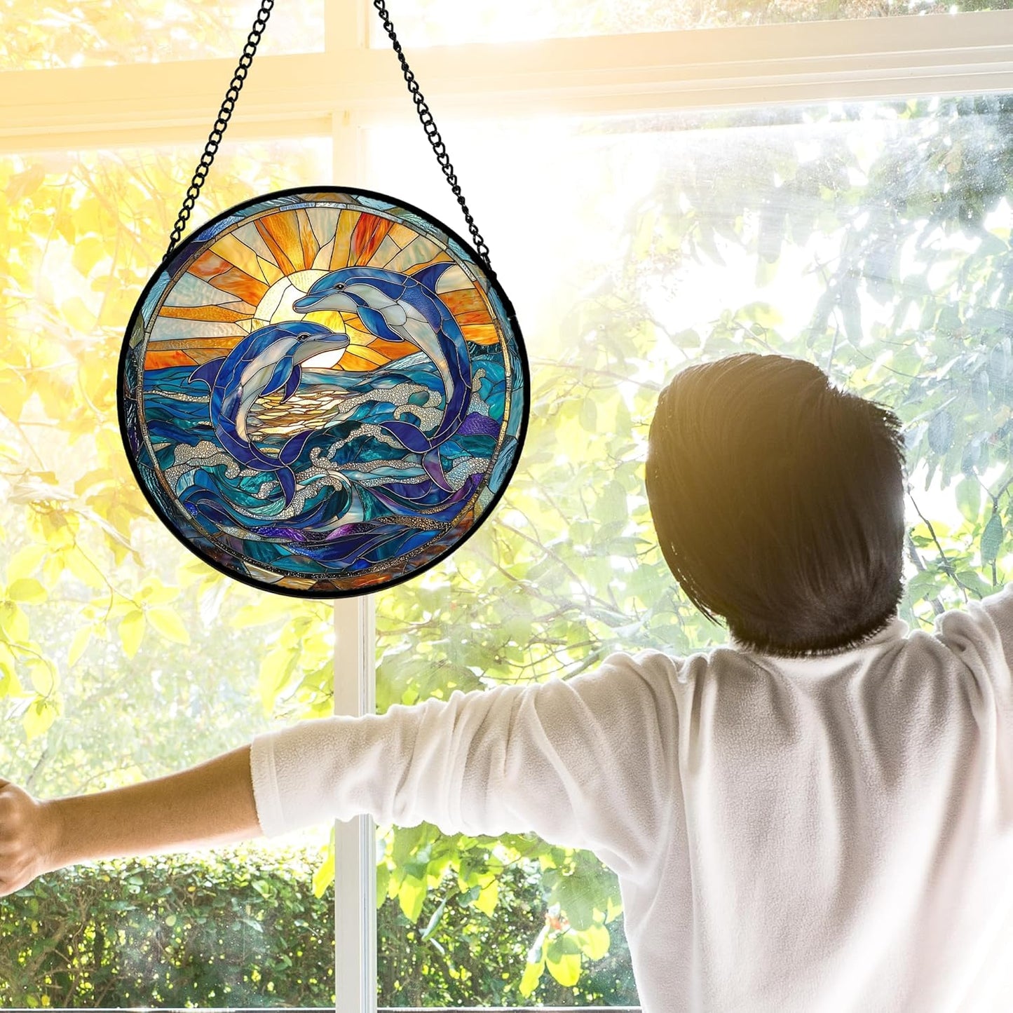Stained Glass Window Hanging, Blue Dolphin Sun Catchers Colorful Glass Panel Sunrise Sea View Suncatcher Decor for Birthday for Women, Men, Wife, Aunt, and Mom 7.8 in