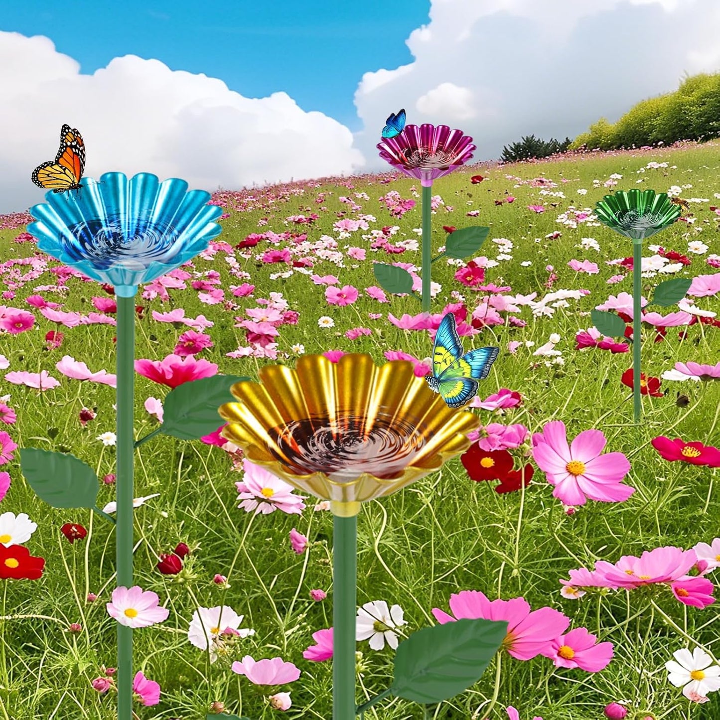 Bee Watering Station, 4 Pcs Metal Bee Water Feeder for Garden, Pollinator Water Feeder for Bees and Butterflies for Thirsty Pollinators（Red, Yellow, Blue, Green）