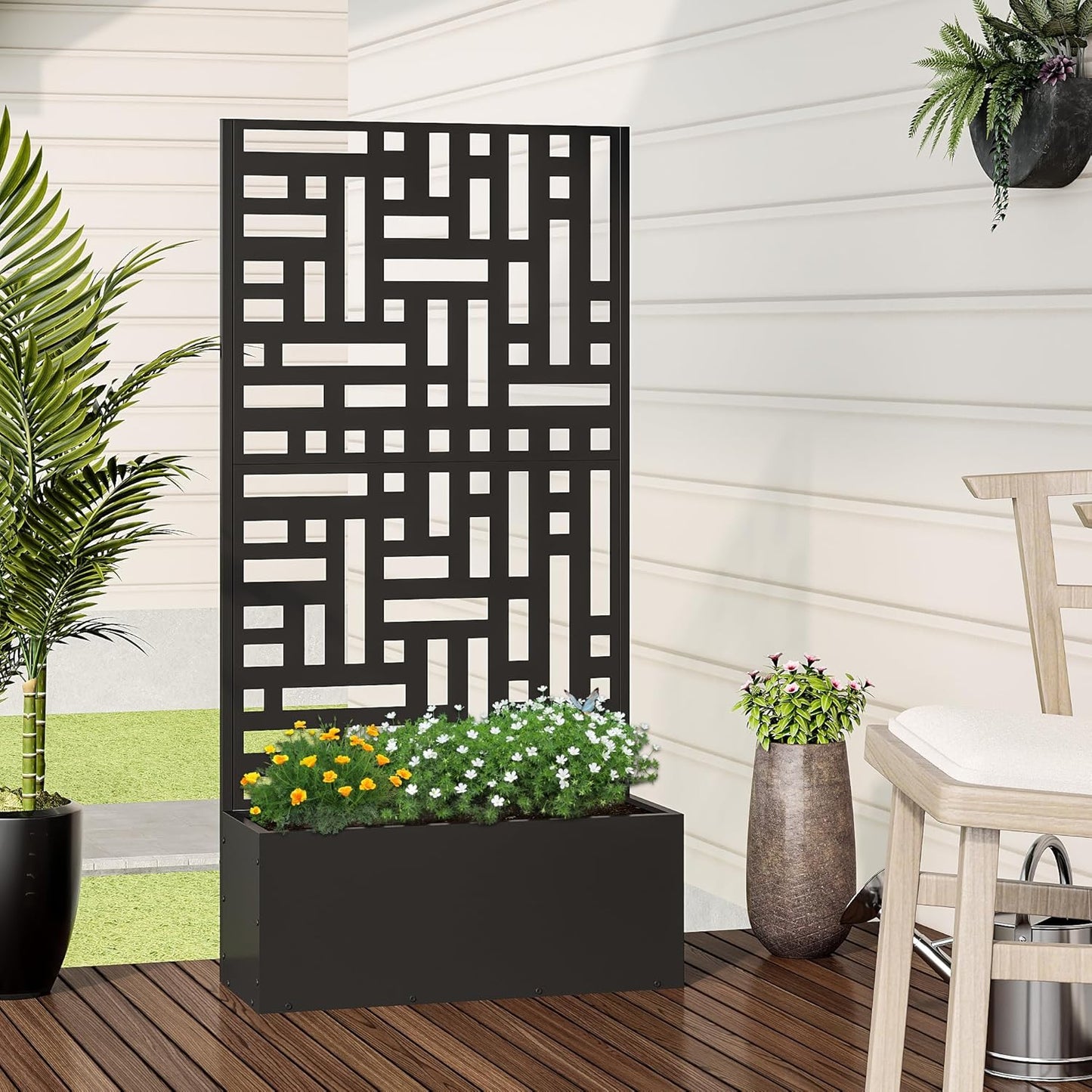 Casaphoria Metal Raised Garden Bed with Trellis and Wheels, 59"x30"x12" Planter Box for Climbing Plants, Vegetables & Vines, Features Drainage Holes and Privacy Screen (Black-Helen)