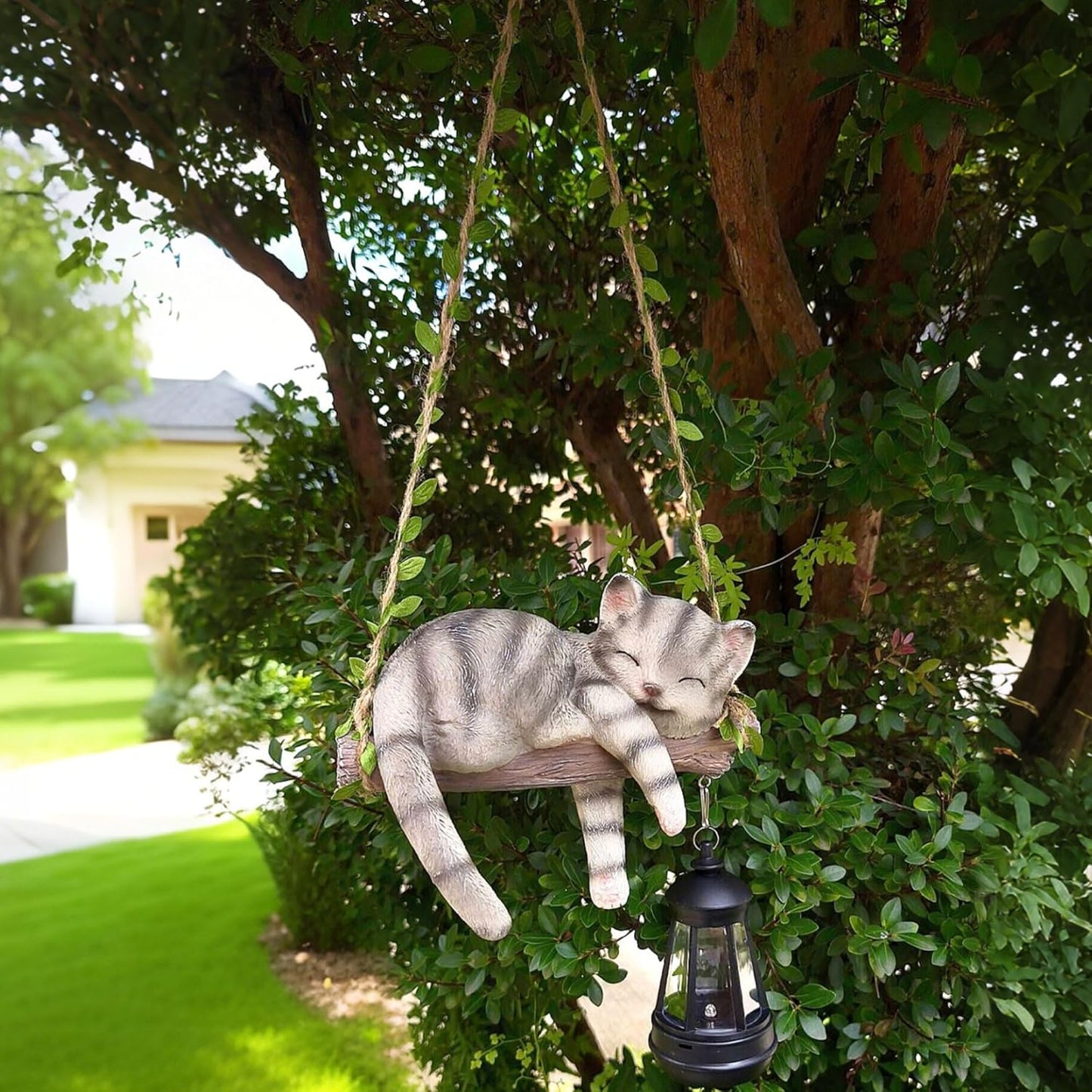 Solar Lighted Garden Outdoor Statue, 22.6" H Hanging Swing Lying with A Sleeping Cat and A LED Lantern, Resin Animal Figurine Hanging Ornaments with Hook for Decoration & Gift