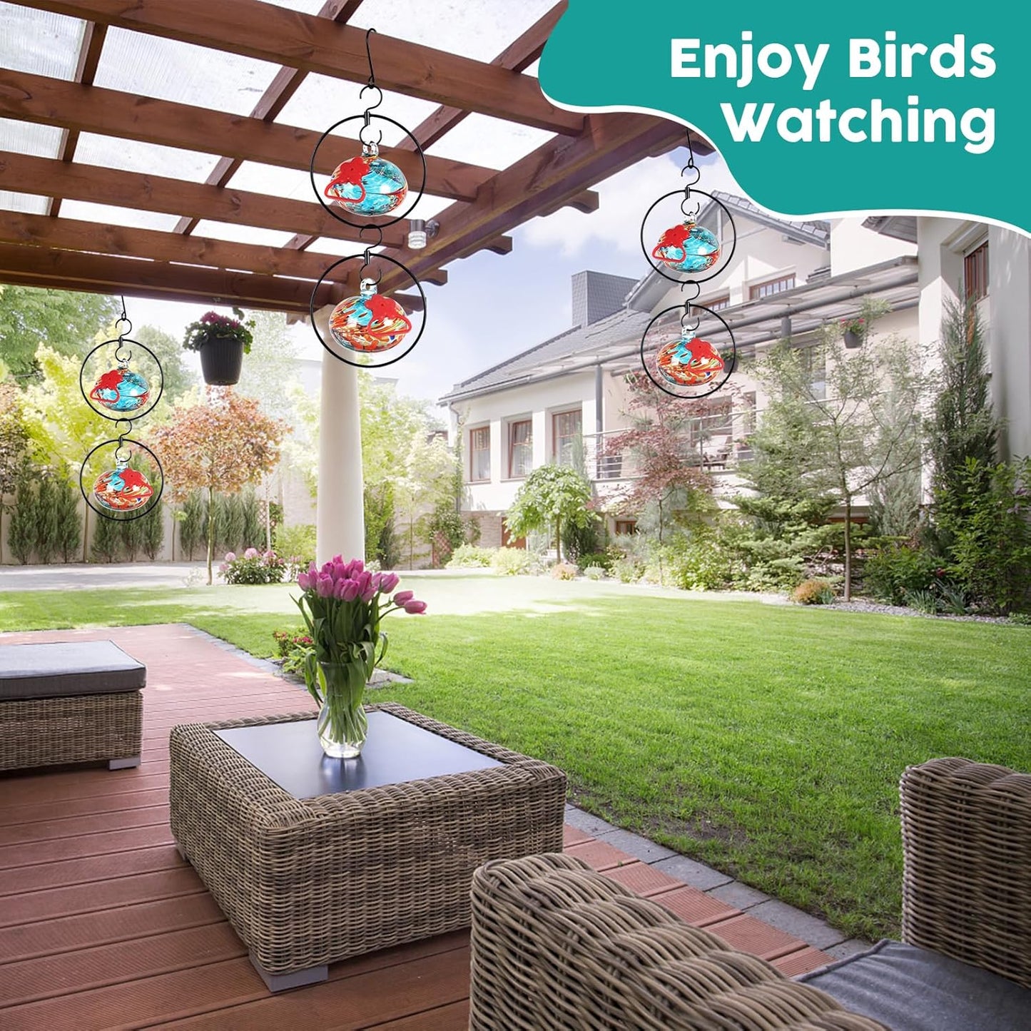 Flexible 6-Circular Hummingbird feeders for Outdoors Hanging Ant and Bee Proof,Hand Blown Glass Hummingbird Feeder with 6 Adjustable Silicone Perch(Blue)