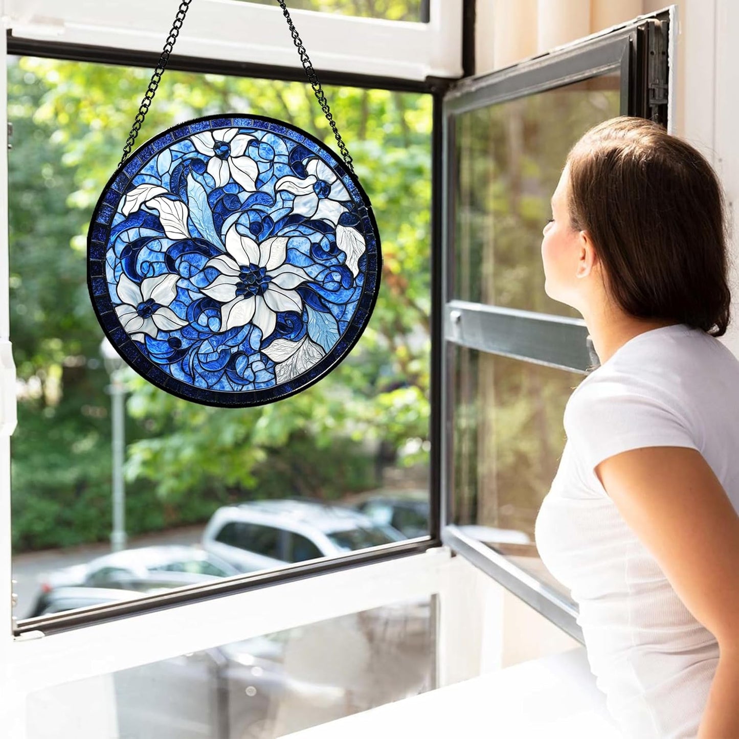 Stained Glass Window Hanging - Blue White Flowers Suncatcher for Doors Garden Patio Boho Style Sun Catchers Decor Christmas Mother's Day Birthday Gifts for Women Men Mom Nana Friend 11.8 in