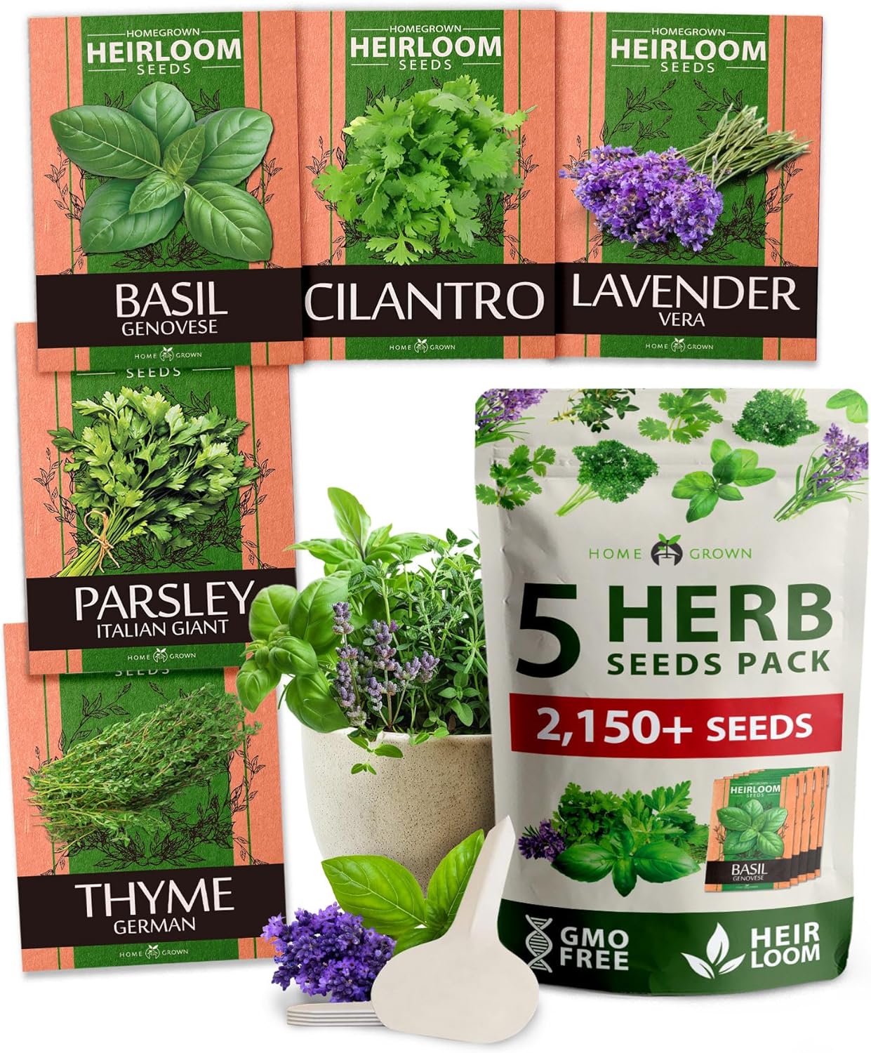 HOME GROWN 5 Herb Seeds for Planting 2,150+ Non-GMO Heirloom Seeds | Extra Large Variety Pack Herb Kit – Indoor Outdoor & Hydroponic | Culinary Seed Set | Grow Your Own Herbs | Gift for Beginners